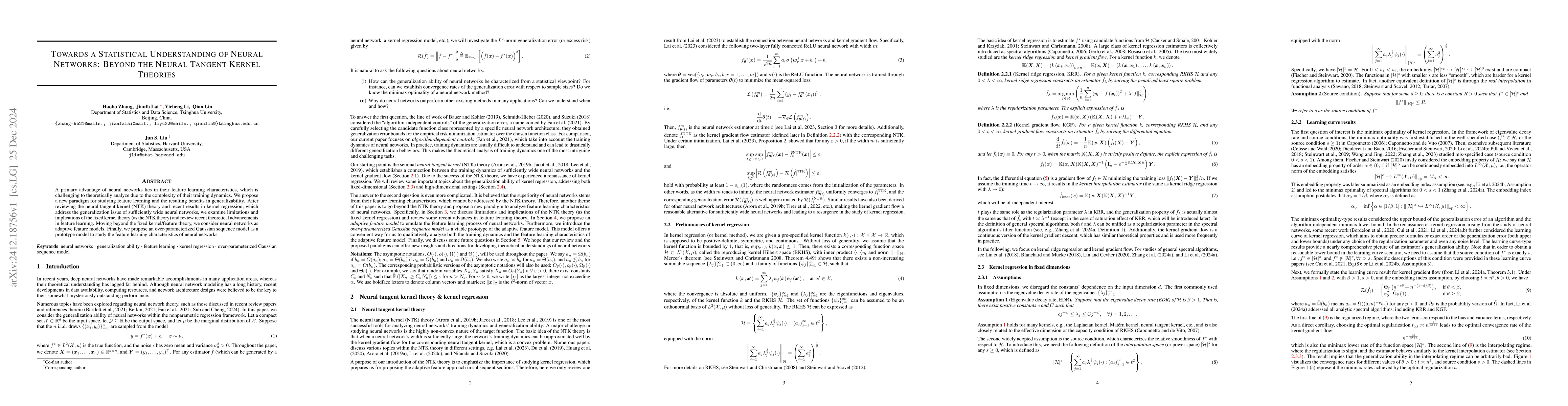 Thumbnail for Towards a Statistical Understanding of Neural Networks: Beyond the
  Neural Tangent Kernel Theories