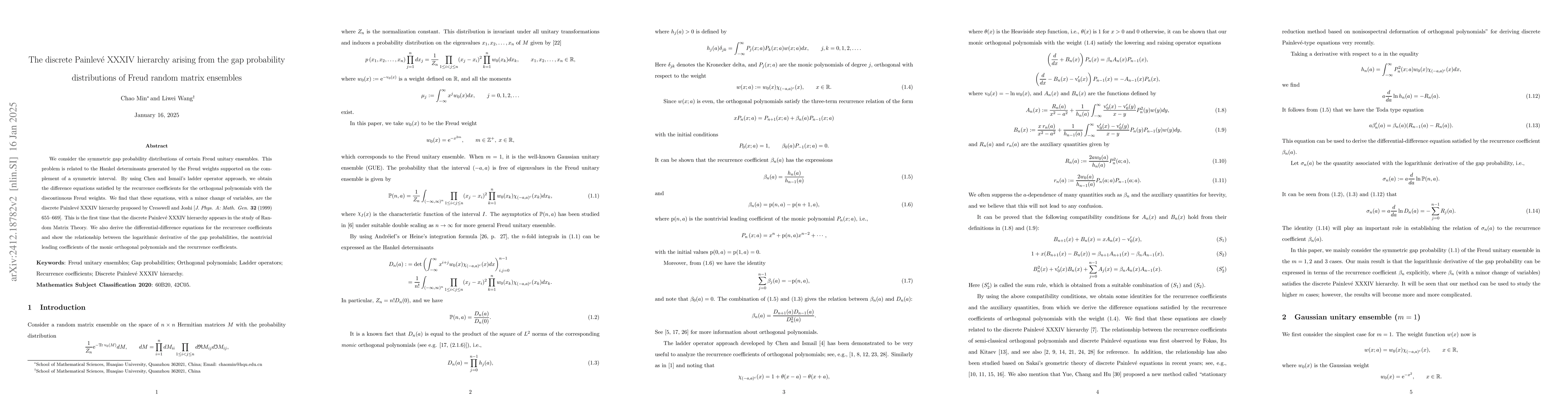 Thumbnail for The discrete Painlevé XXXIV hierarchy arising from the gap
  probability distributions of Freud unitary ensembles