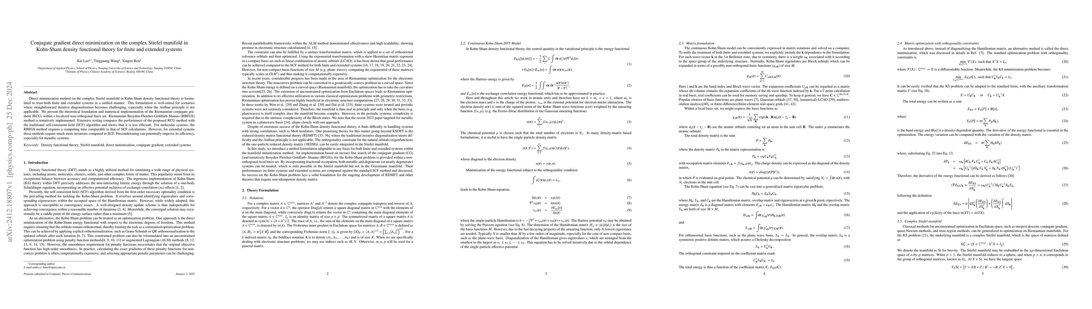 Thumbnail for Conjugate gradient direct minimization on the complex Stiefel manifold
  in Kohn-Sham density functional theory for finite and extended systems