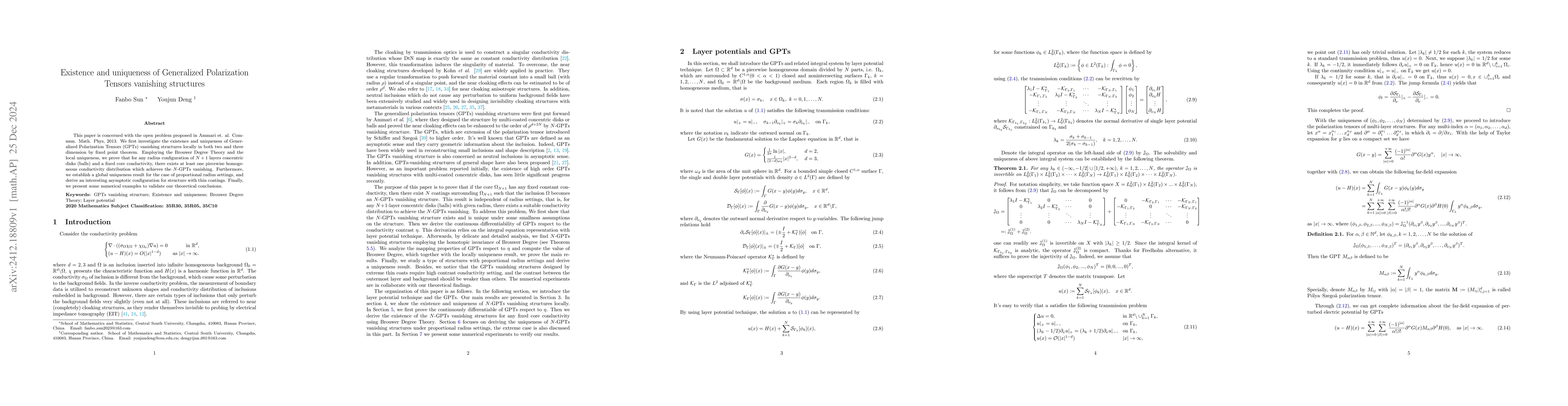 Thumbnail for Existence and uniqueness of Generalized Polarization Tensors vanishing
  structures