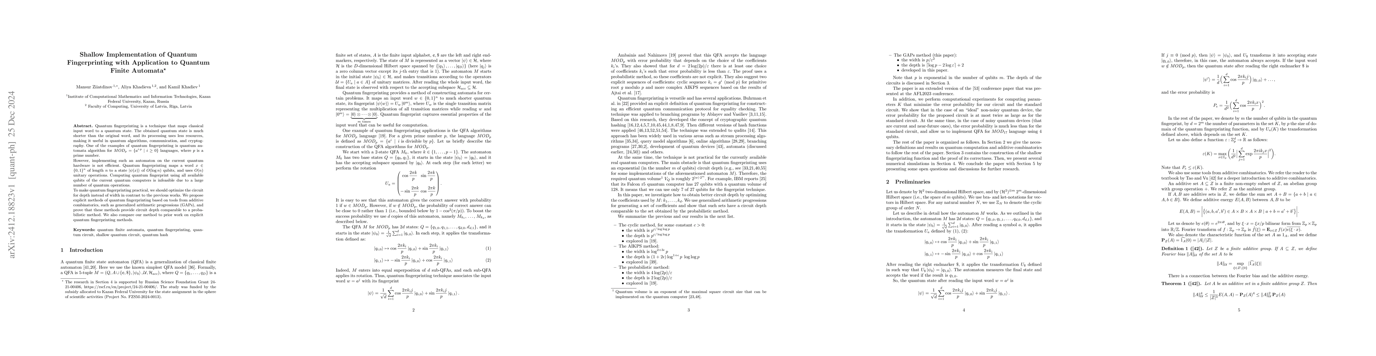 Thumbnail for Shallow Implementation of Quantum Fingerprinting with Application to
  Quantum Finite Automata