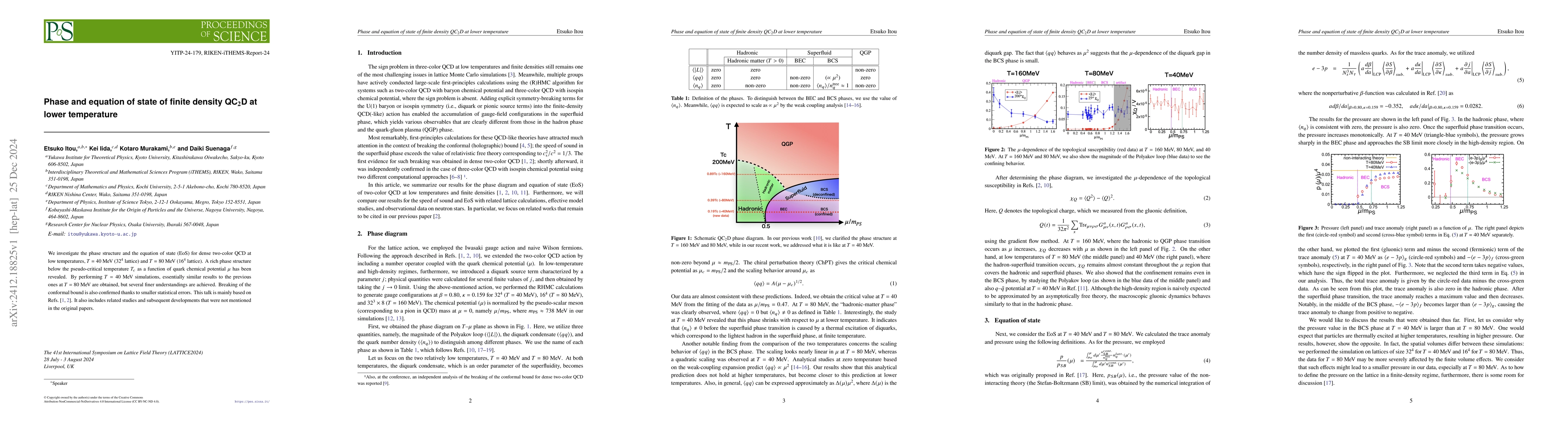 Thumbnail for Phase and equation of state of finite density QC$_2$D at lower
  temperature