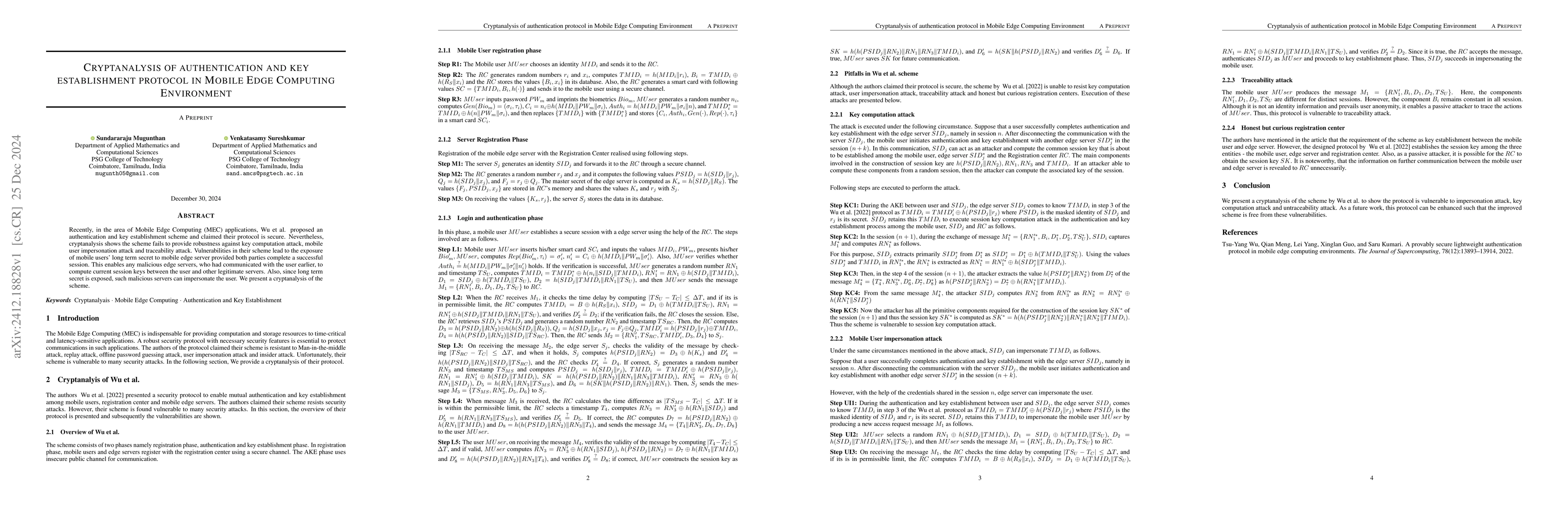 Thumbnail for Cryptanalysis of authentication and key establishment protocol in Mobile
  Edge Computing Environment