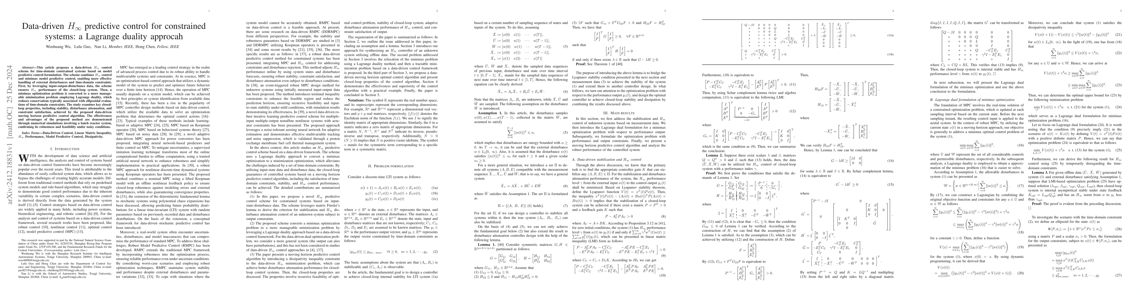 Thumbnail for Data-driven $H_{\infty}$ predictive control for constrained systems: a
  Lagrange duality approcah