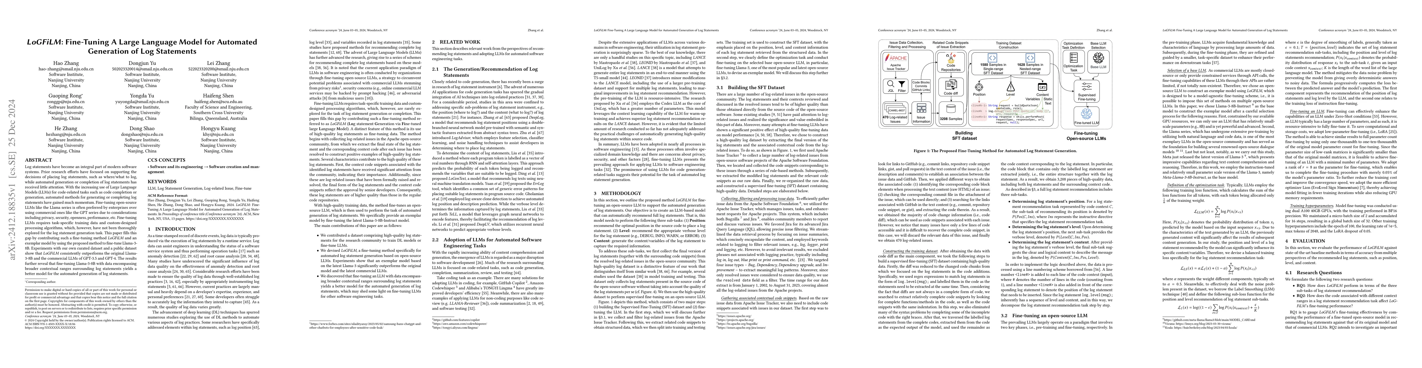 Thumbnail for LoGFiLM: Fine-Tuning A Large Language Model for Automated Generation of
  Log Statements