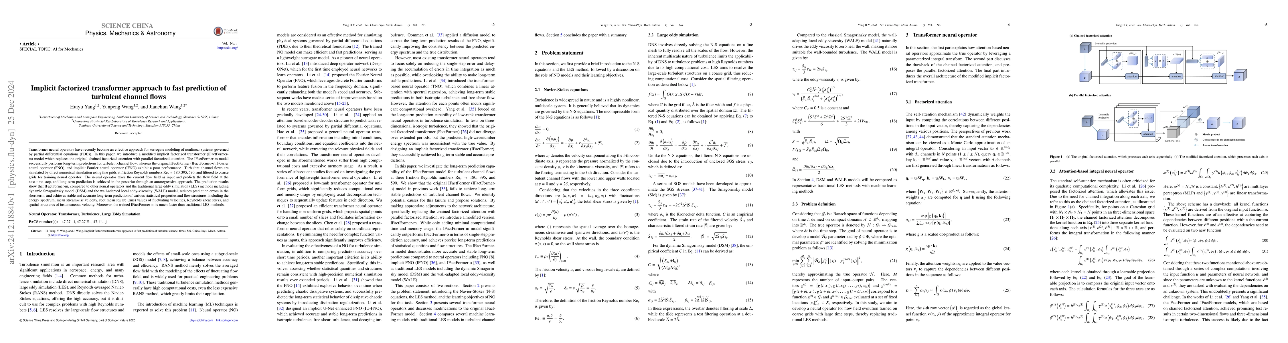 Thumbnail for Implicit factorized transformer approach to fast prediction of turbulent
  channel flows