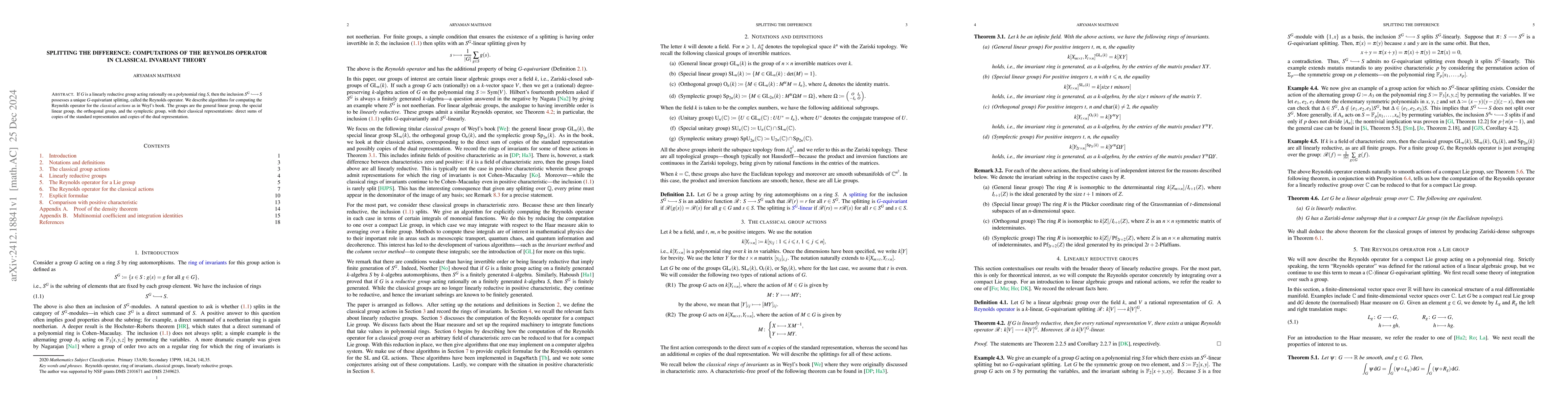 Thumbnail for Splitting the difference: Computations of the Reynolds operator in
  classical invariant theory