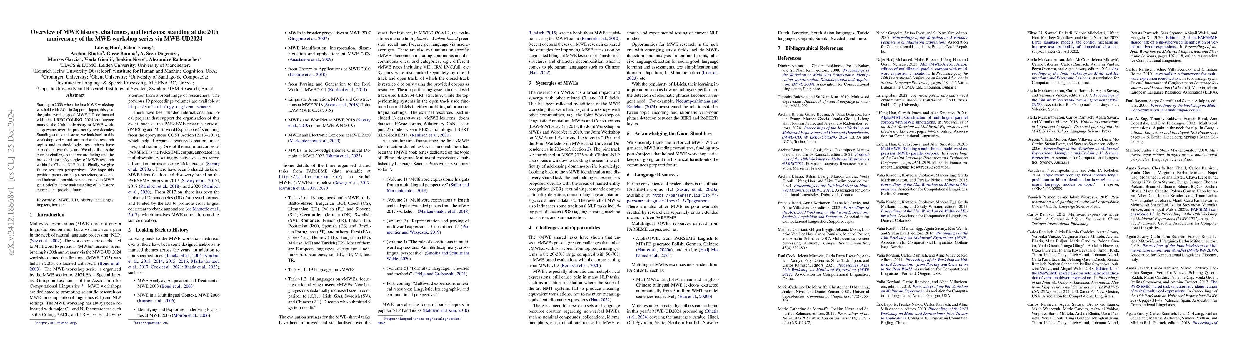 Thumbnail for Overview of MWE history, challenges, and horizons: standing at the 20th
  anniversary of the MWE workshop series via MWE-UD2024
