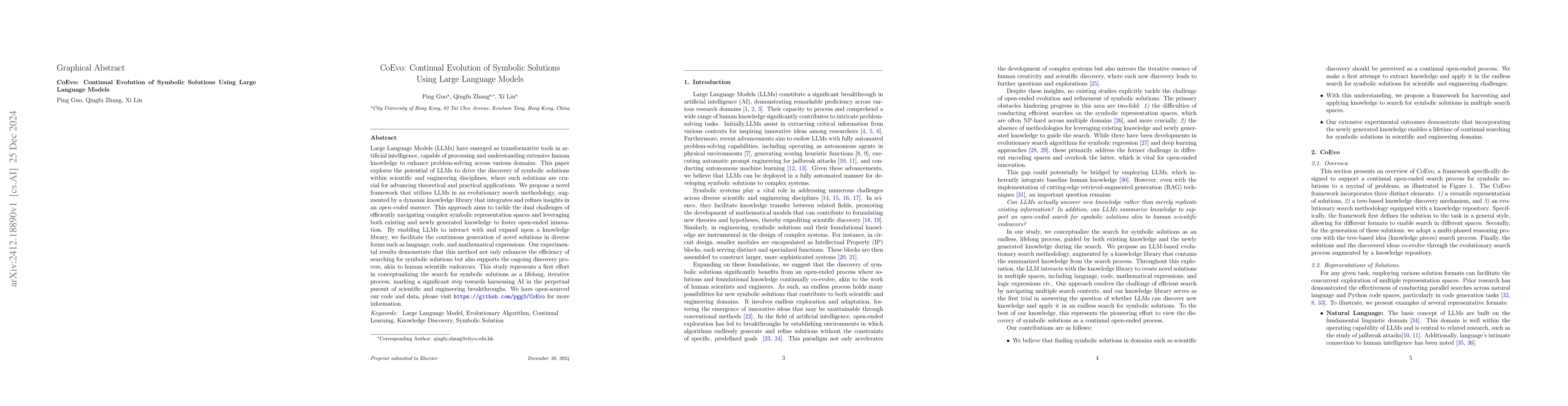 Thumbnail for CoEvo: Continual Evolution of Symbolic Solutions Using Large Language
  Models