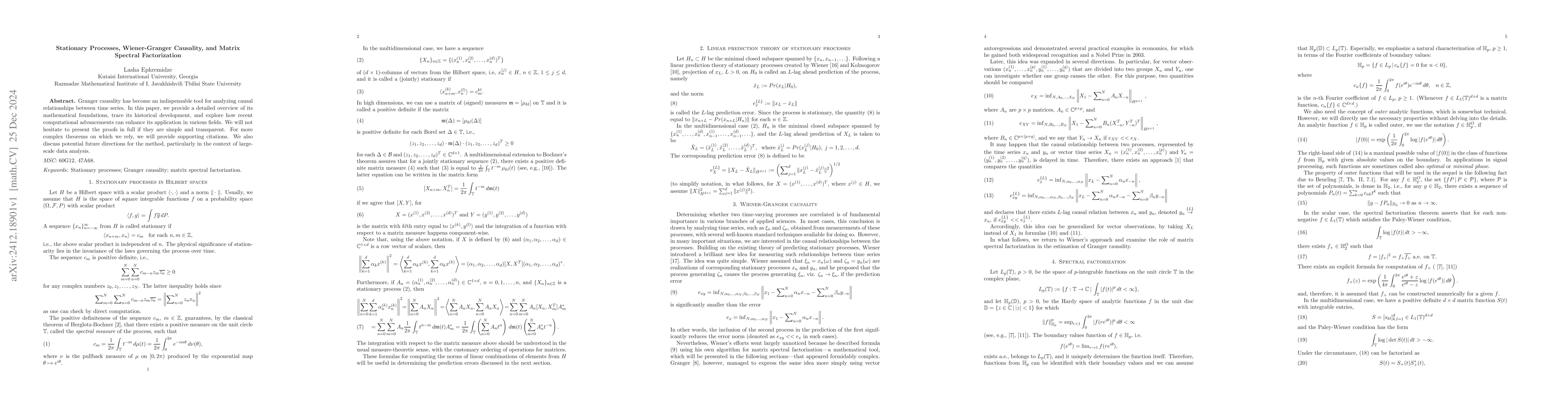 Thumbnail for Stationary Processes, Wiener-Granger Causality, and Matrix Spectral
  Factorization