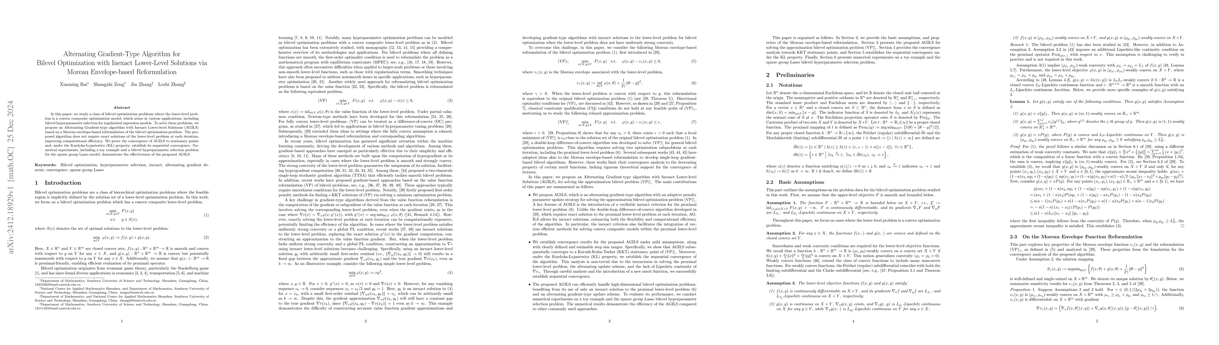 Thumbnail for Alternating Gradient-Type Algorithm for Bilevel Optimization with
  Inexact Lower-Level Solutions via Moreau Envelope-based Reformulation