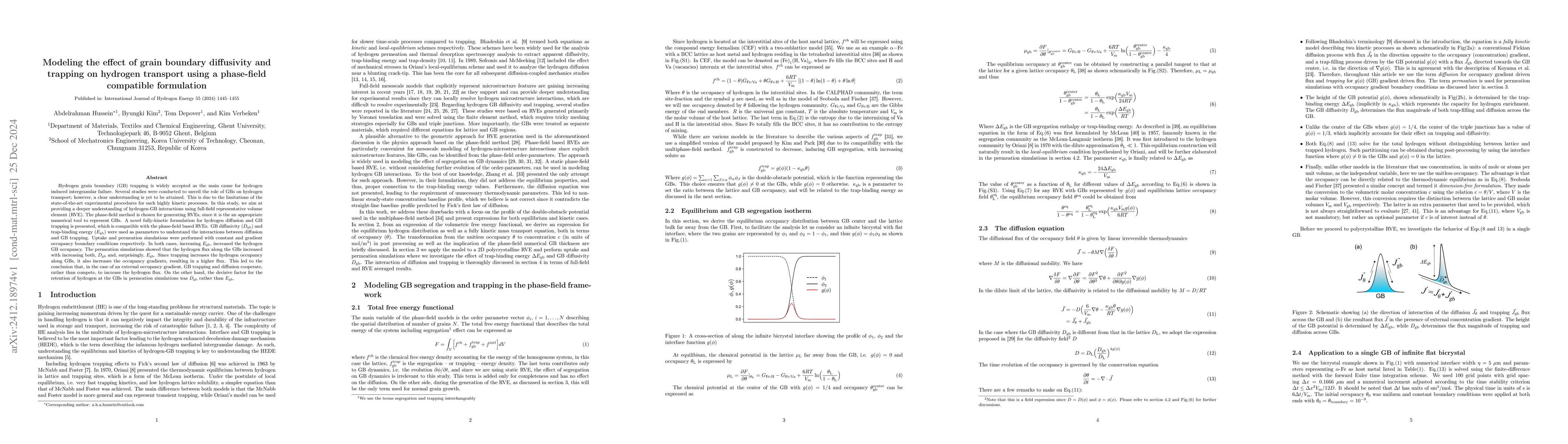 Thumbnail for Modeling the effect of grain boundary diffusivity and trapping on
  hydrogen transport using a phase-field compatible formulation