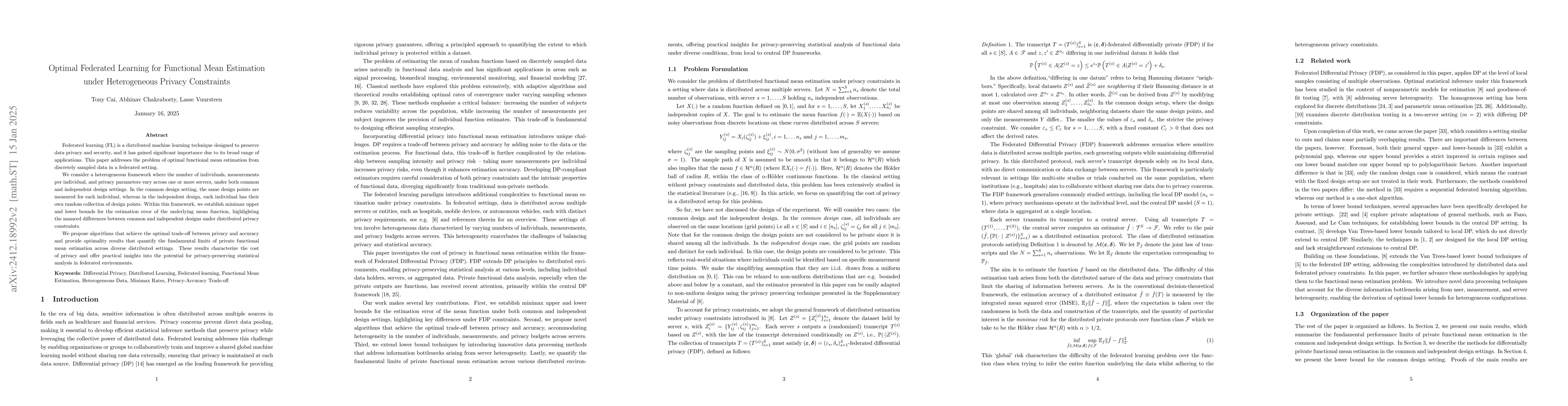 Thumbnail for Optimal Federated Learning for Functional Mean Estimation under
  Heterogeneous Privacy Constraints