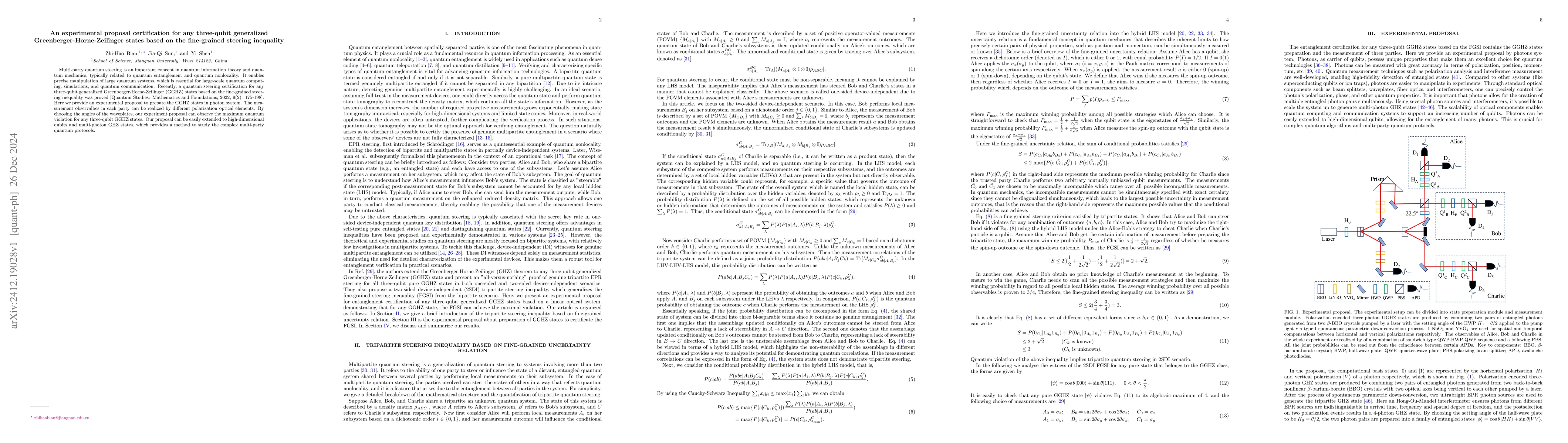 Thumbnail for An experimental proposal certification for any three-qubit generalized
  Greenberger-Horne-Zeilinger states based on the fine-grained steering
  inequality