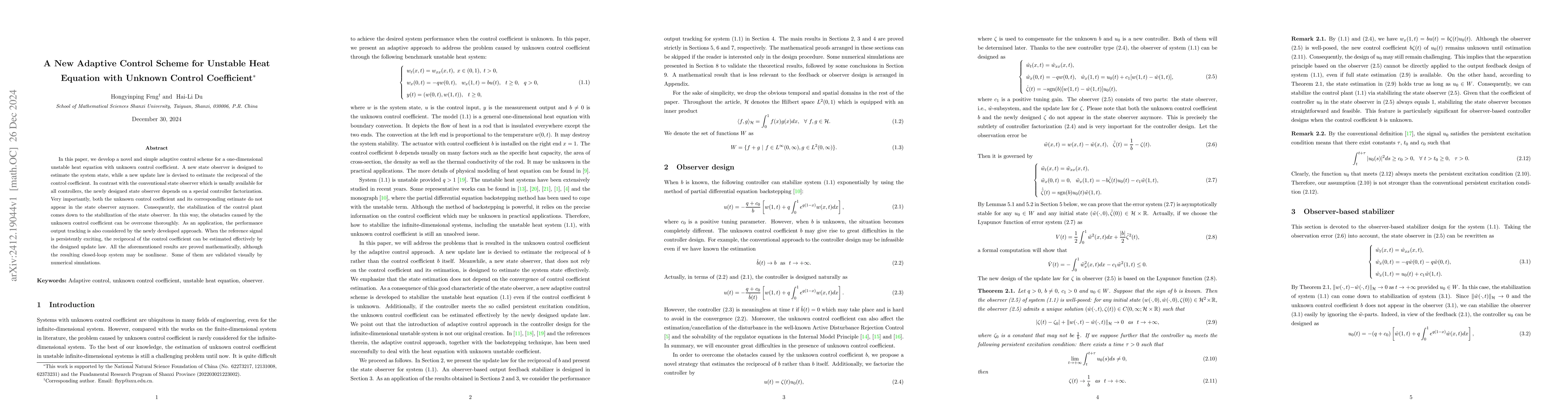 Thumbnail for A New Adaptive Control Scheme for Unstable Heat Equation with Unknown
  Control Coefficient