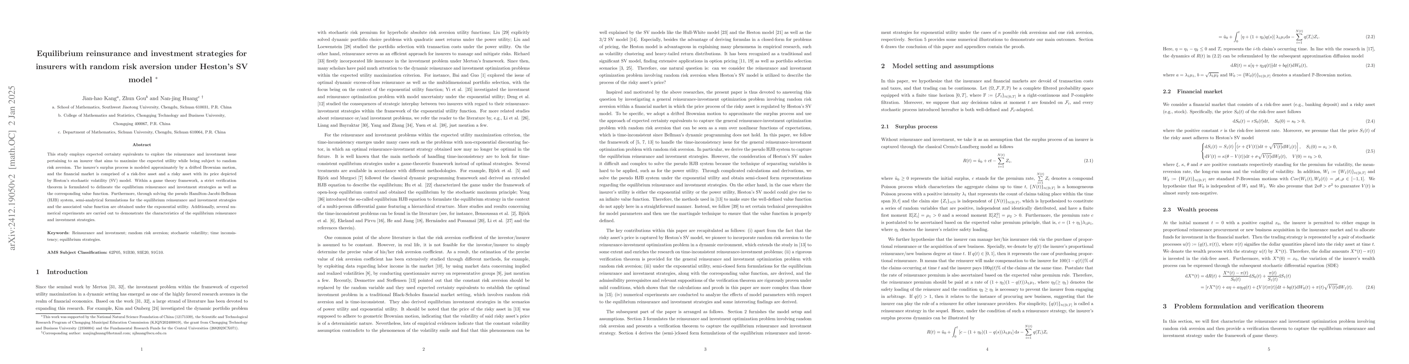 Thumbnail for Equilibrium reinsurance and investment strategies for insurers with
  random risk aversion under Heston's SV model