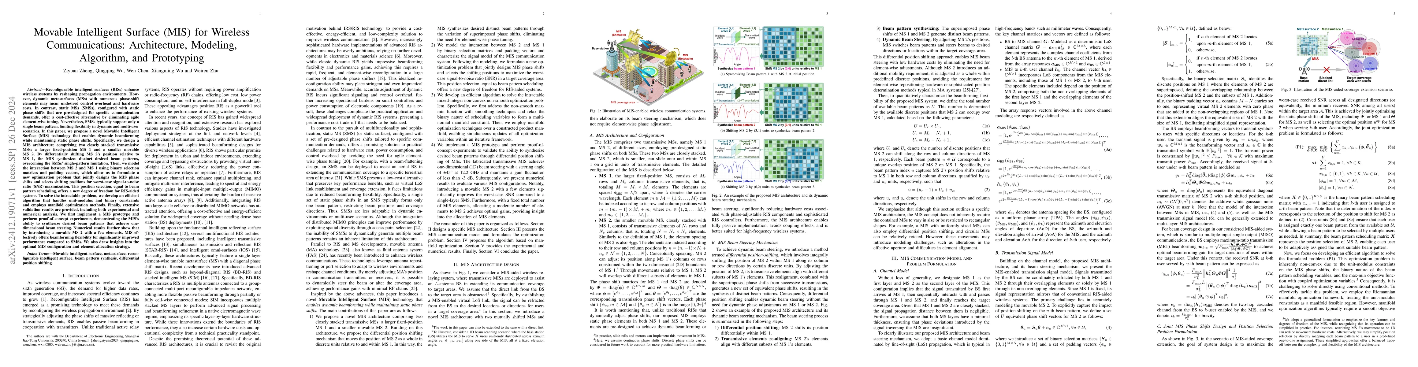 Thumbnail for Movable Intelligent Surface (MIS) for Wireless Communications:
  Architecture, Modeling, Algorithm, and Prototyping