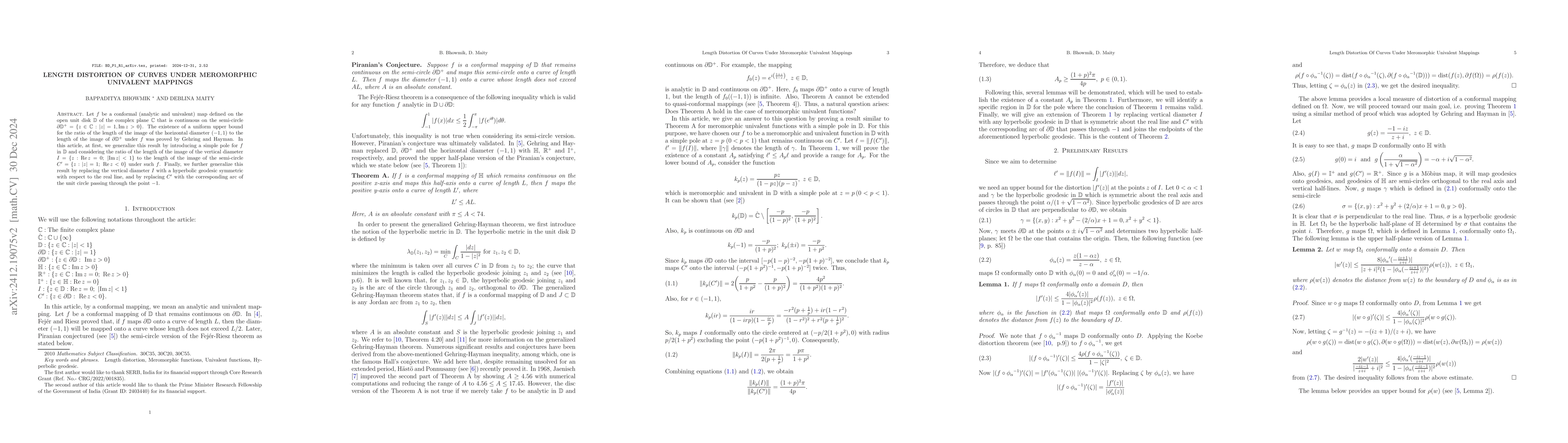 Thumbnail for Length Distortion Of Curves Under Meromorphic Univalent Mappings