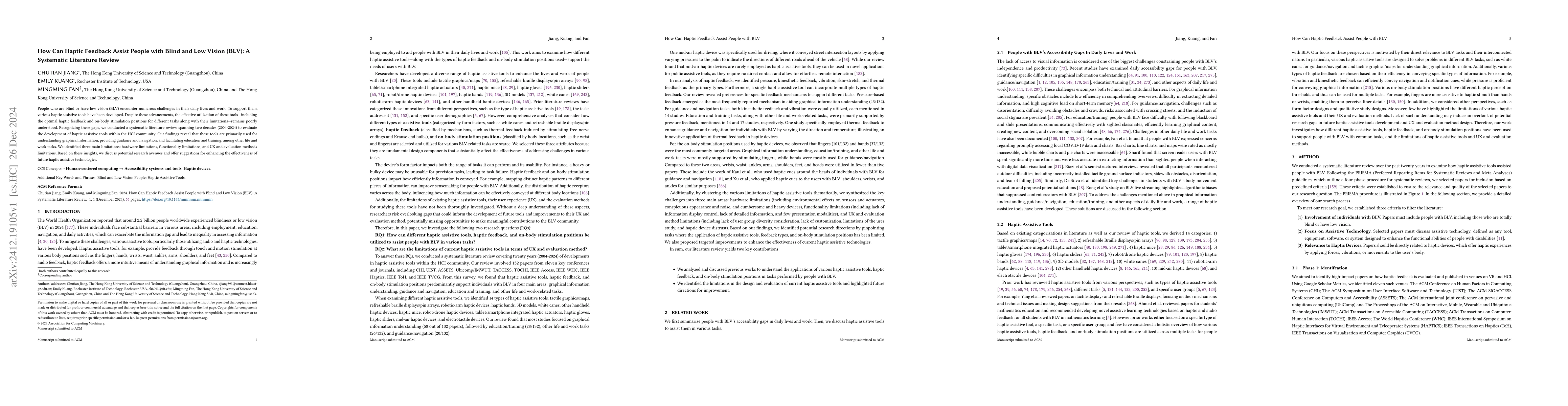Thumbnail for How Can Haptic Feedback Assist People with Blind and Low Vision (BLV): A
  Systematic Literature Review