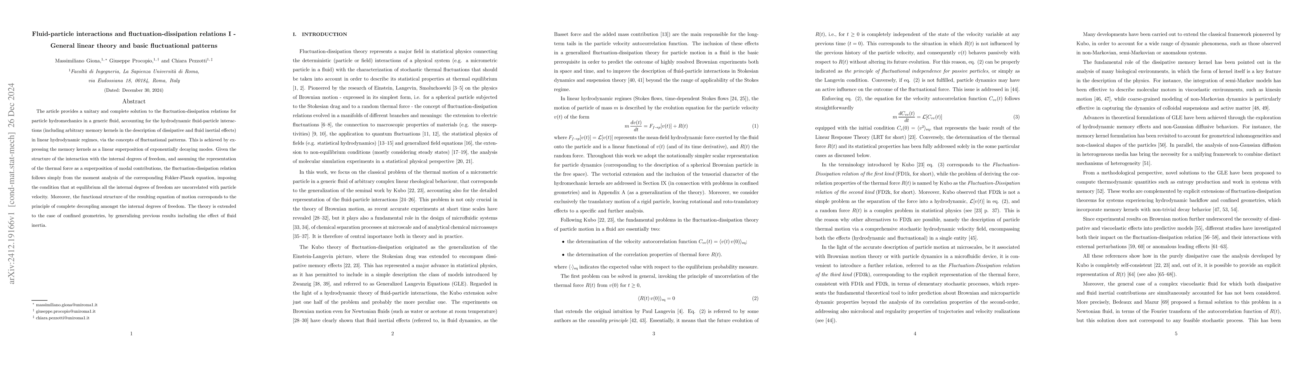 Thumbnail for Fluid-particle interactions and fluctuation-dissipation relations I --
  General linear theory and basic fluctuational patterns