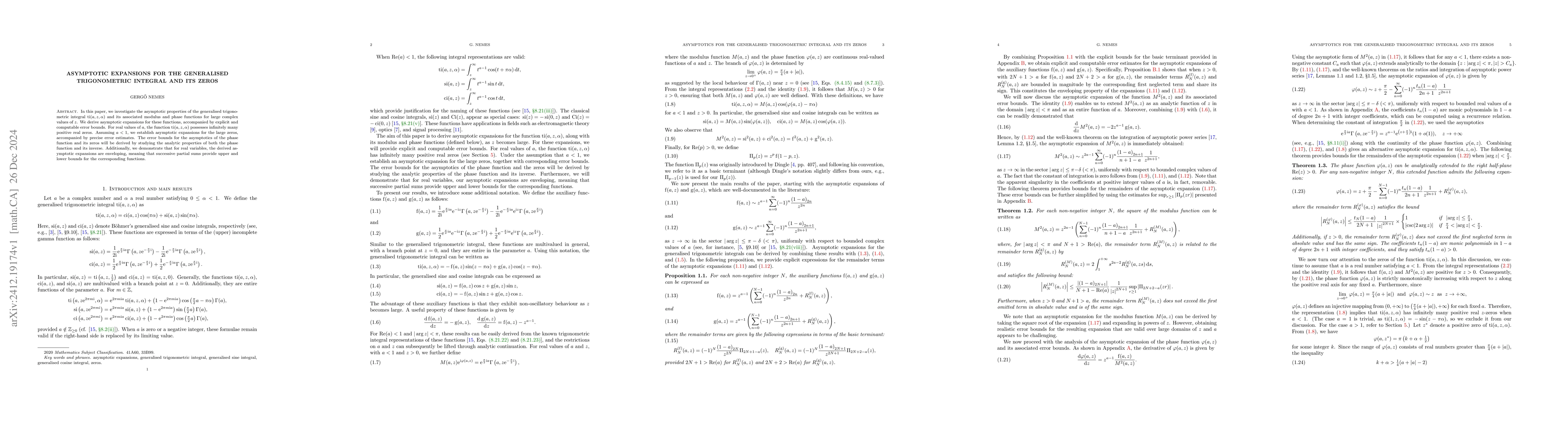 Thumbnail for Asymptotic expansions for the generalised trigonometric integral and its
  zeros