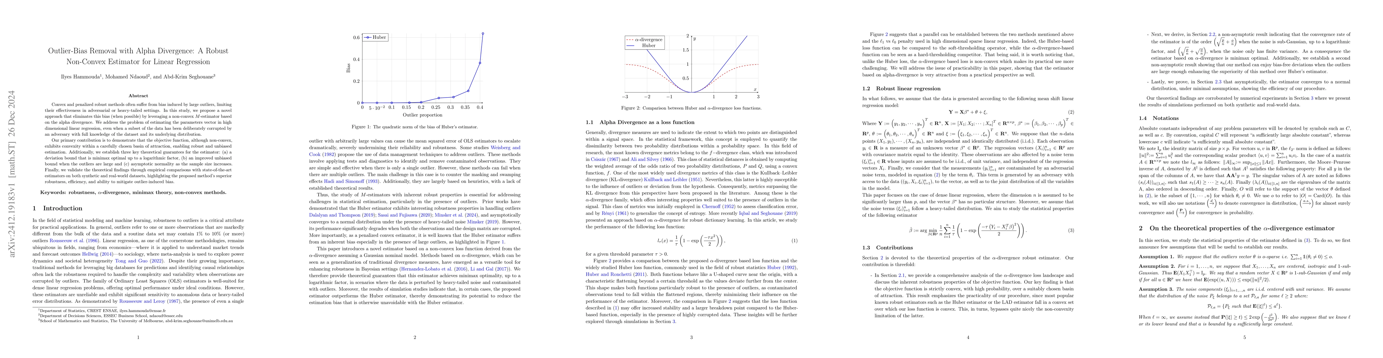 Thumbnail for Outlier-Bias Removal with Alpha Divergence: A Robust Non-Convex
  Estimator for Linear Regression