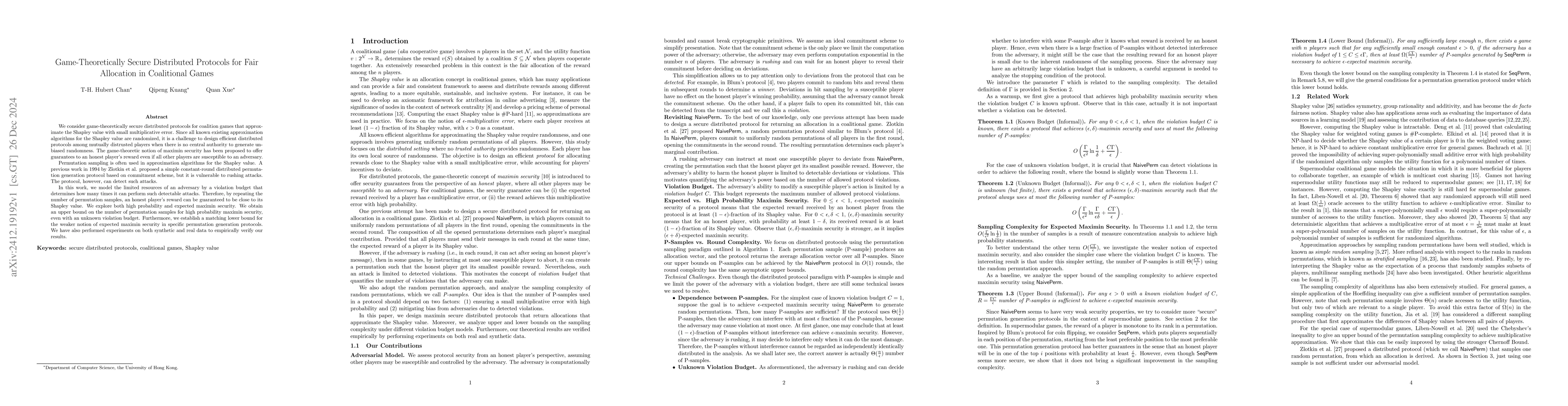 Thumbnail for Game-Theoretically Secure Distributed Protocols for Fair Allocation in
  Coalitional Games