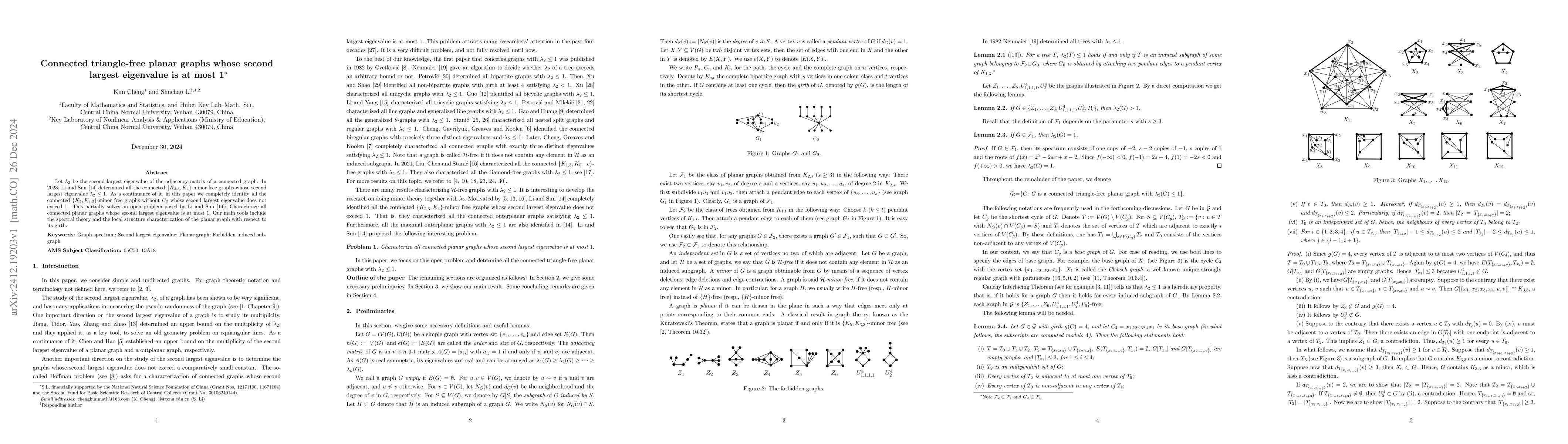 Thumbnail for Connected triangle-free planar graphs whose second largest eigenvalue is
  at most 1