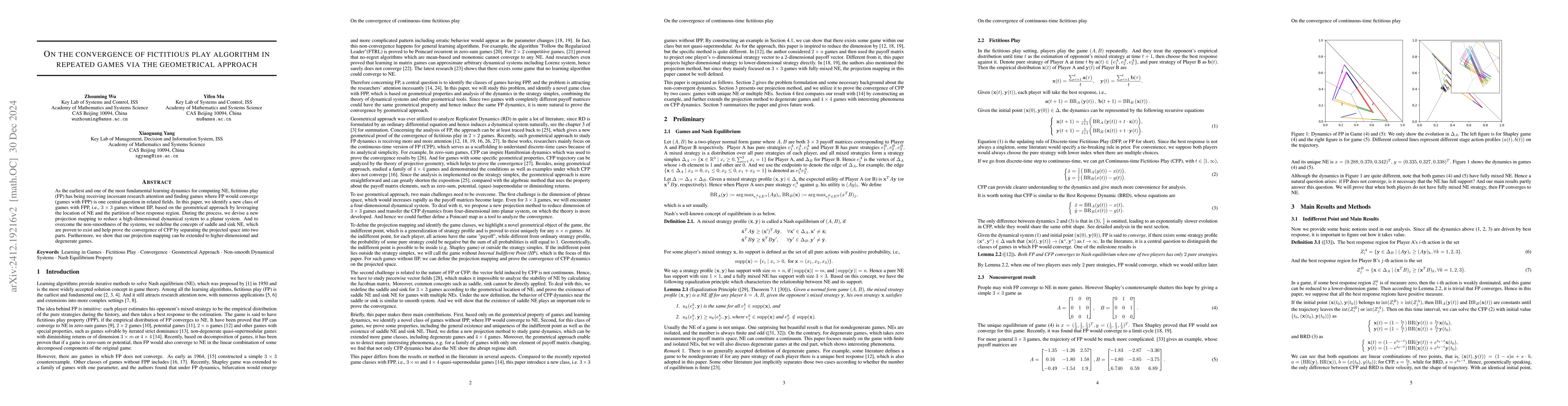 Thumbnail for On the convergence of continuous-time fictitious play in $3\times3$
  games via the geometrical approach