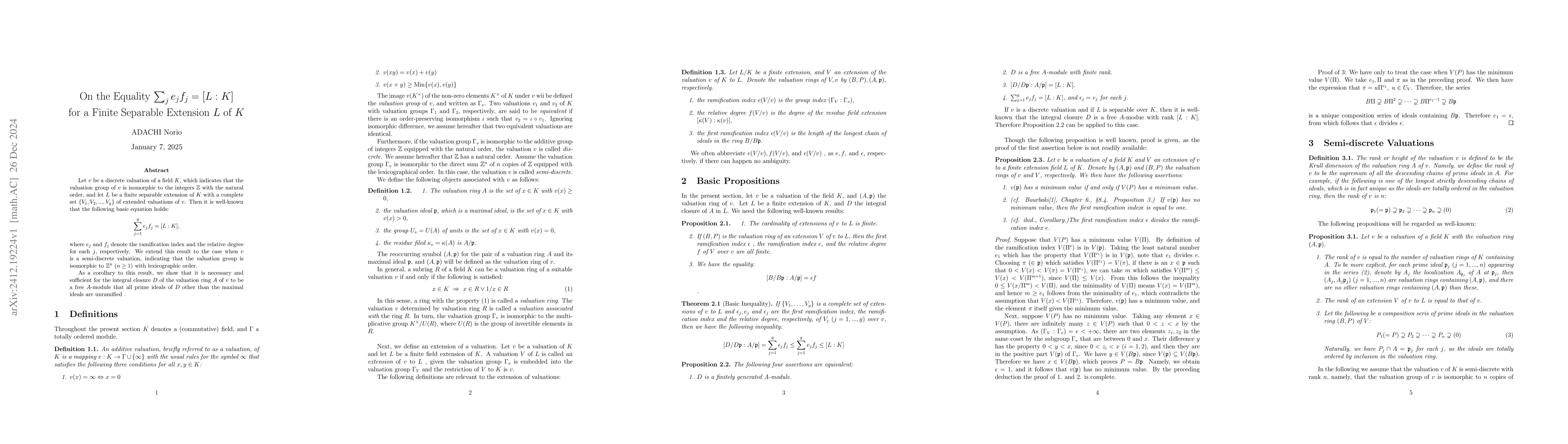 Thumbnail for {n the Equality $\sum_{j} e_jf_j=[L:K]$ \vspace{2mm} On the Equality
  $\sum_{j} e_jf_j=[L:K]$ for a Finite Separable Extension $L$ of $K$