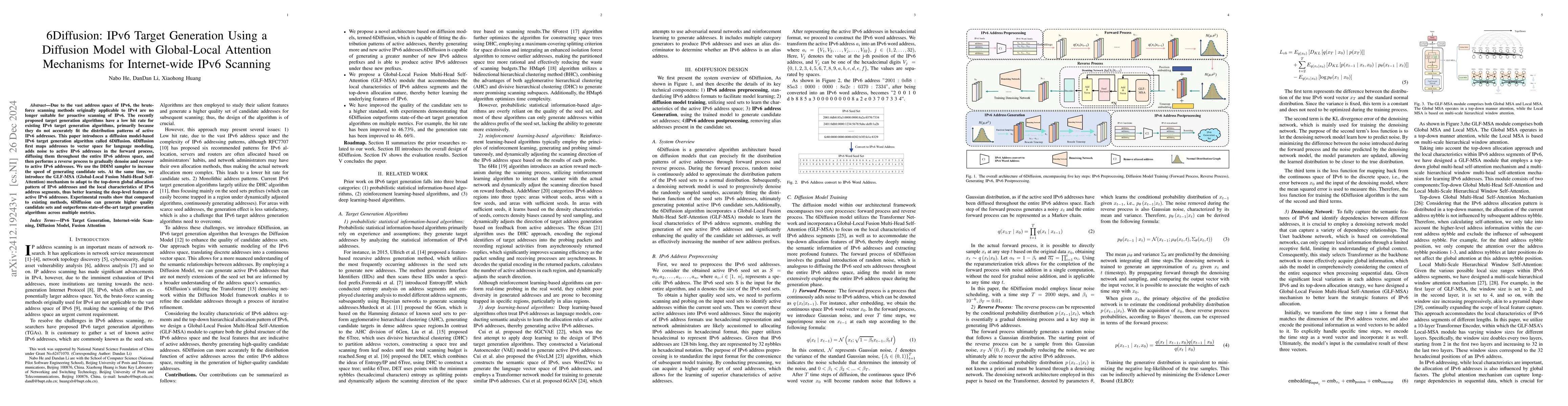 Thumbnail for 6Diffusion: IPv6 Target Generation Using a Diffusion Model with
  Global-Local Attention Mechanisms for Internet-wide IPv6 Scanning