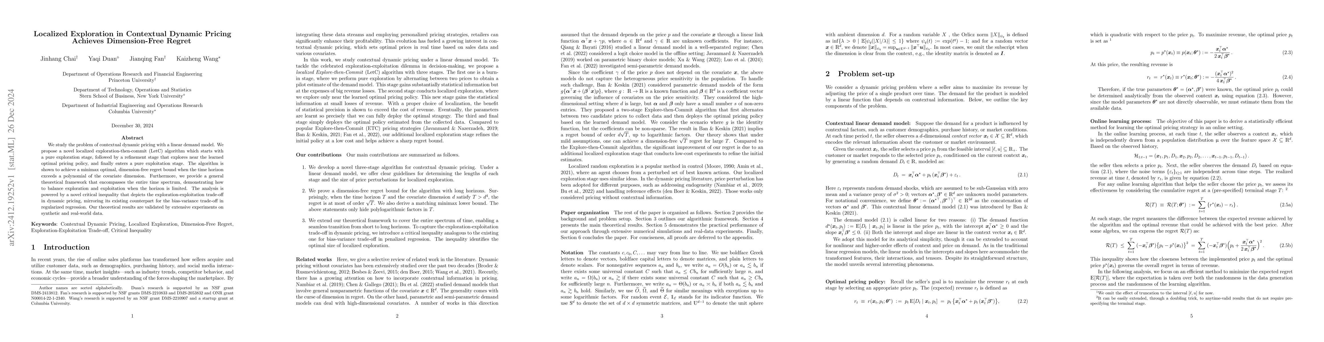 Thumbnail for Localized exploration in contextual dynamic pricing achieves
  dimension-free regret