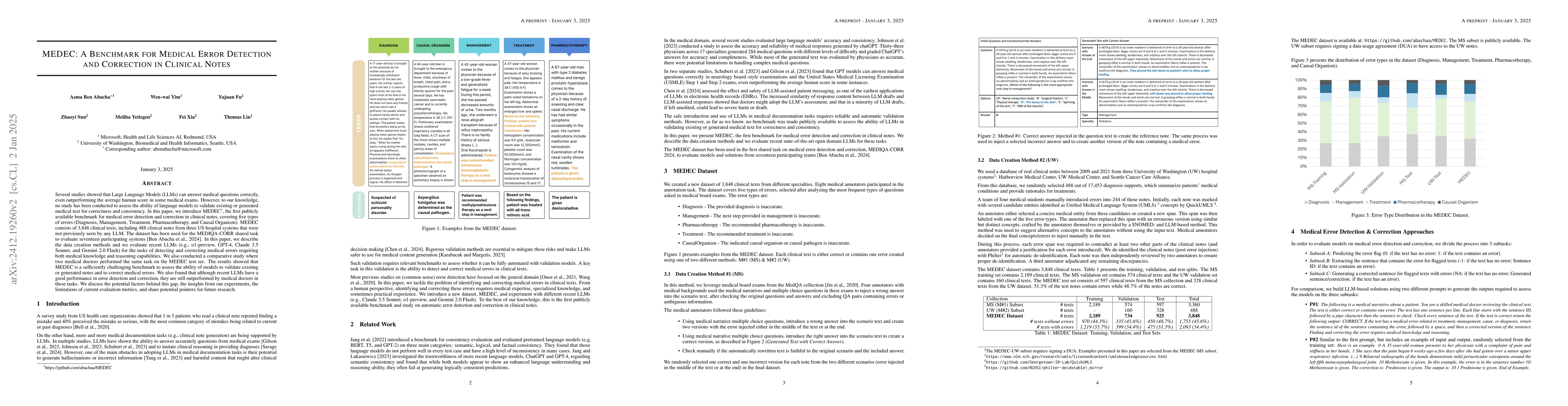 Thumbnail for MEDEC: A Benchmark for Medical Error Detection and Correction in
  Clinical Notes