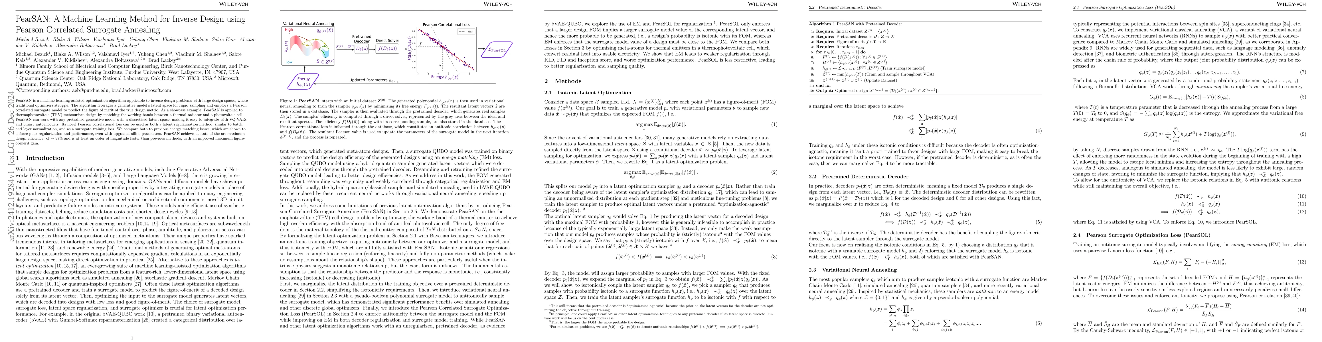 Thumbnail for PearSAN: A Machine Learning Method for Inverse Design using Pearson
  Correlated Surrogate Annealing