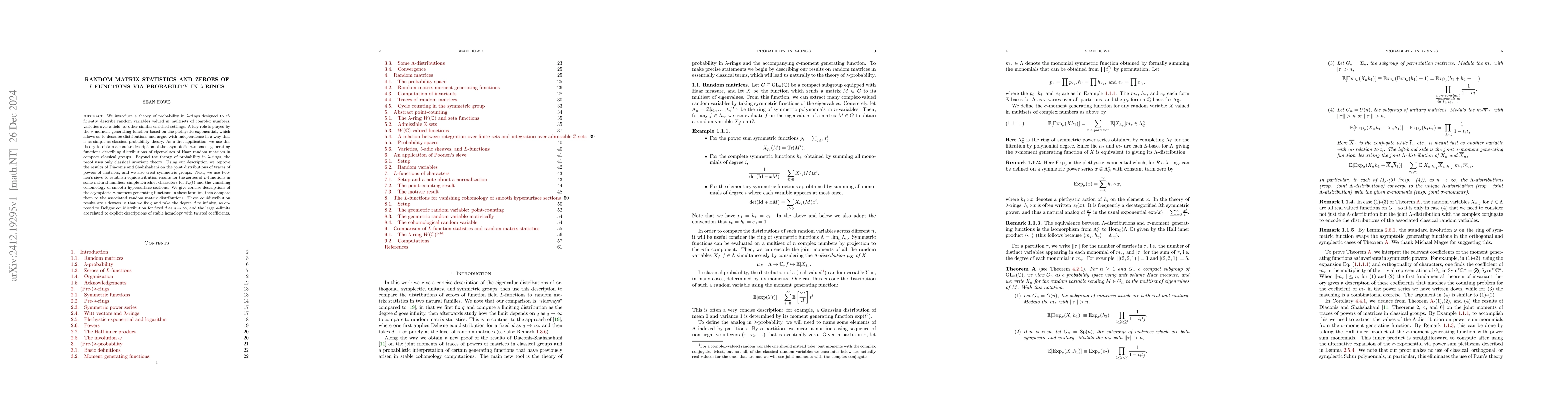 Thumbnail for Random matrix statistics and zeroes of $L$-functions via probability in
  $Îť$-rings