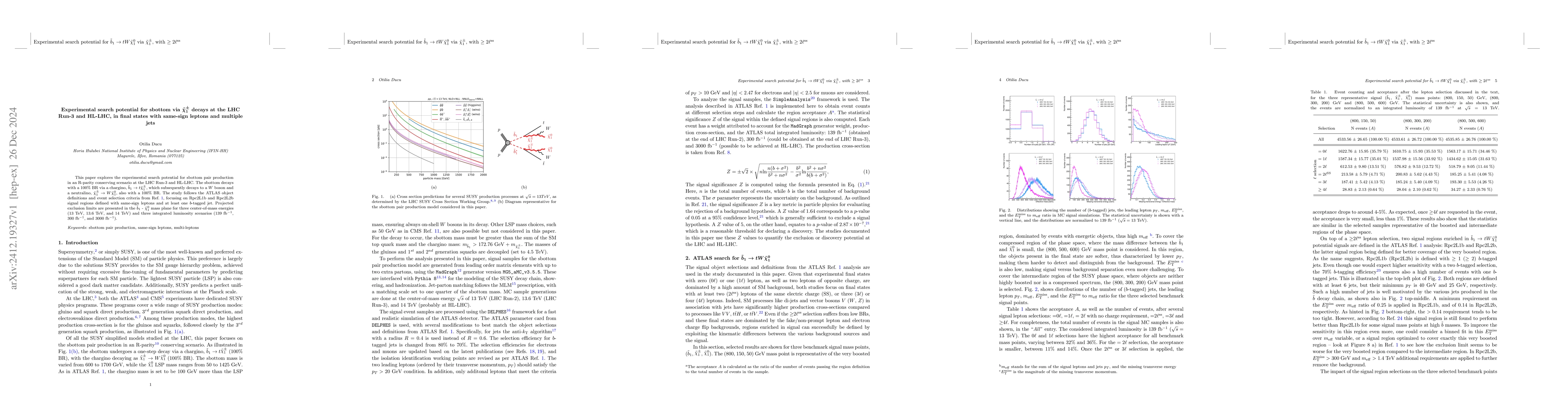 Thumbnail for Experimental search potential for sbottom via $\tildeχ^{\pm}_1$
  decays at the LHC Run-3 and HL-LHC, in final states with same-sign leptons
  and multiple jets