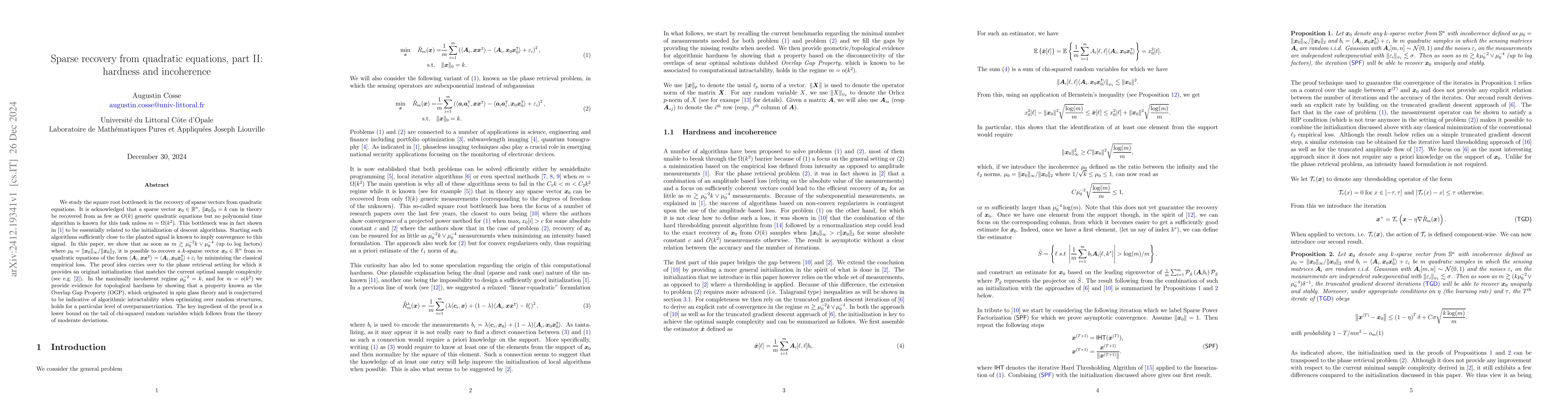 Thumbnail for Sparse recovery from quadratic equations, part II: hardness and
  incoherence