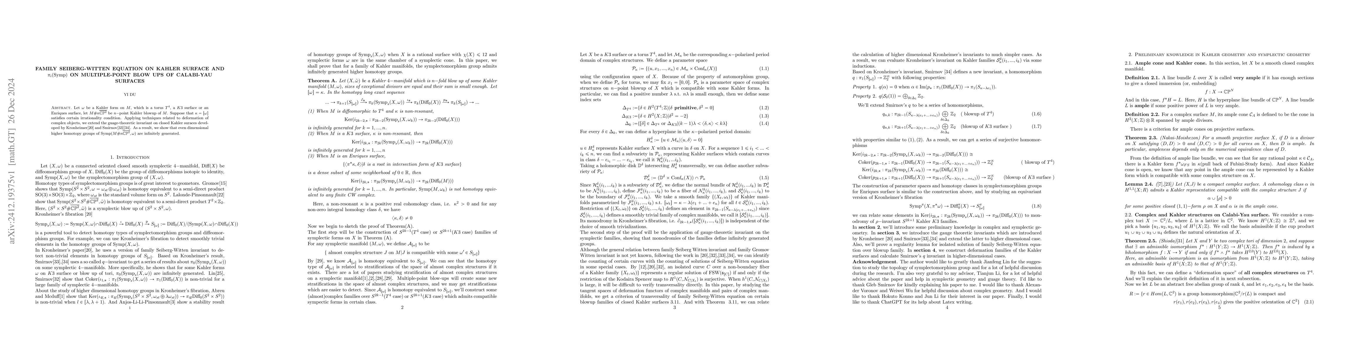 Thumbnail for Family Seiberg-Witten equation on Kahler surface and $π_i(\Symp)$ on
  multiple-point blow ups of Calabi-Yau surfaces