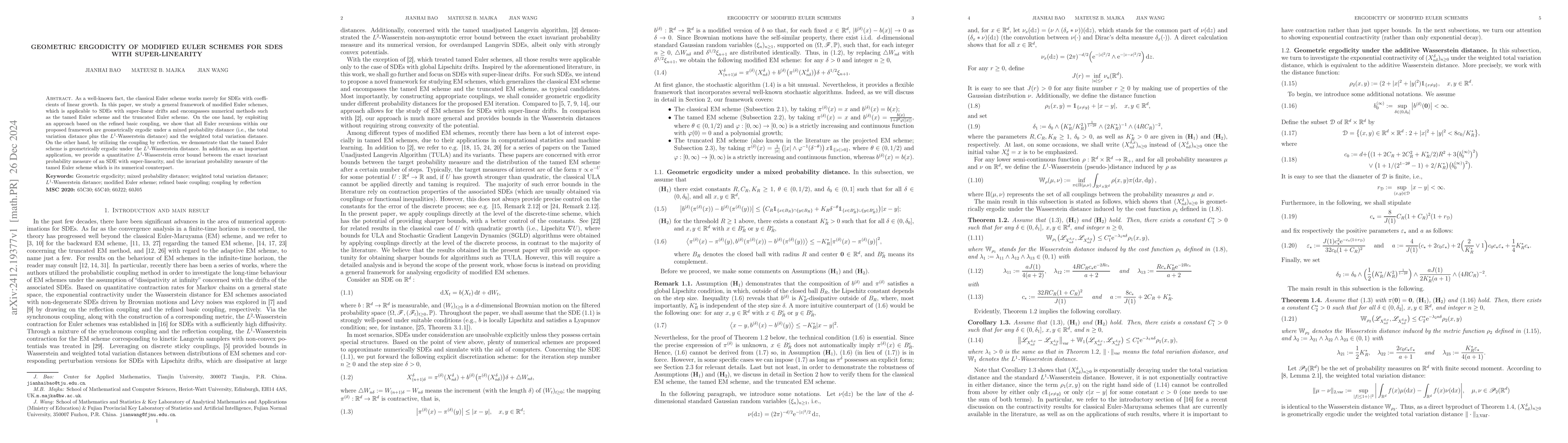 Thumbnail for Geometric ergodicity of modified Euler schemes for SDEs with
  super-linearity