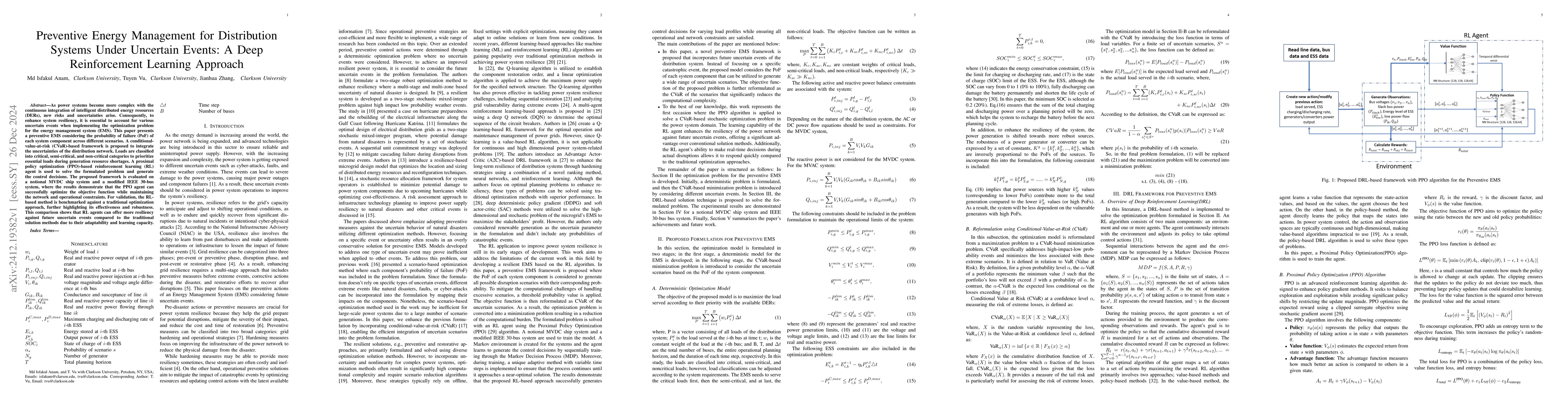 Thumbnail for Preventive Energy Management for Distribution Systems Under Uncertain
  Events: A Deep Reinforcement Learning Approach