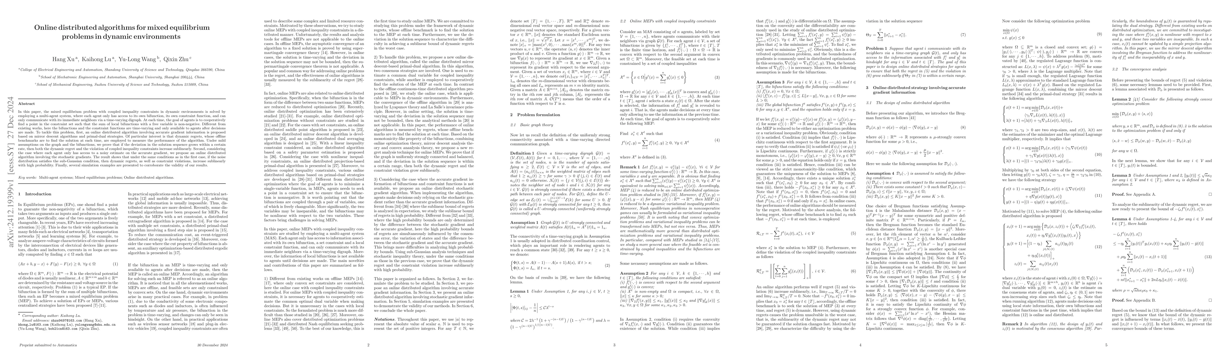 Thumbnail for Online distributed algorithms for mixed equilibrium problems in dynamic
  environments