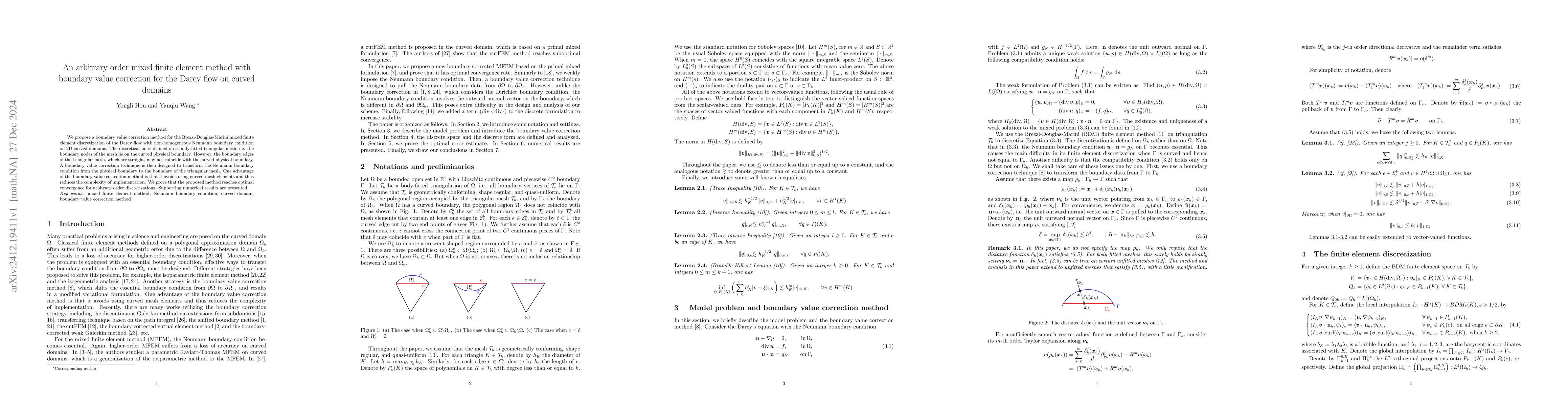 Thumbnail for An arbitrary order mixed finite element method with boundary value
  correction for the Darcy flow on curved domains