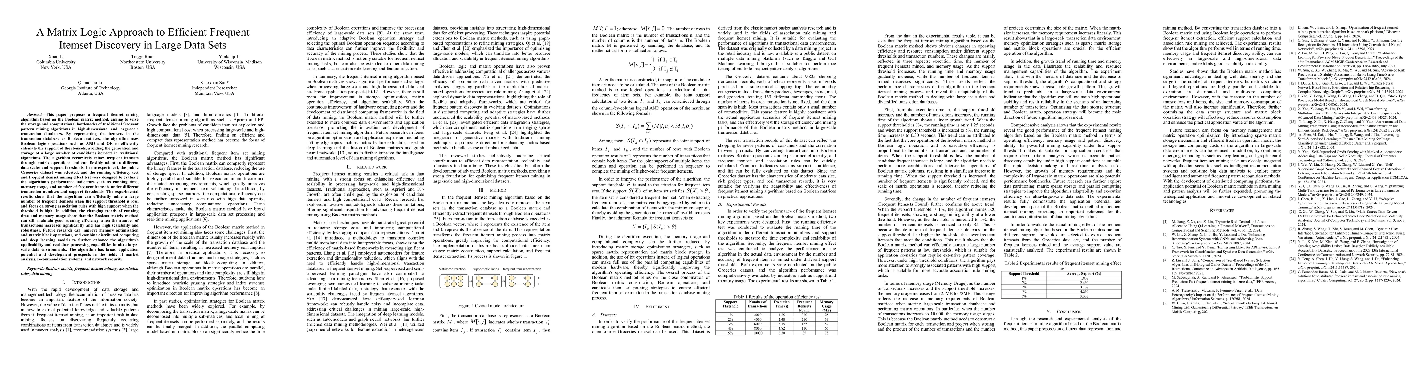 Thumbnail for A Matrix Logic Approach to Efficient Frequent Itemset Discovery in Large
  Data Sets
