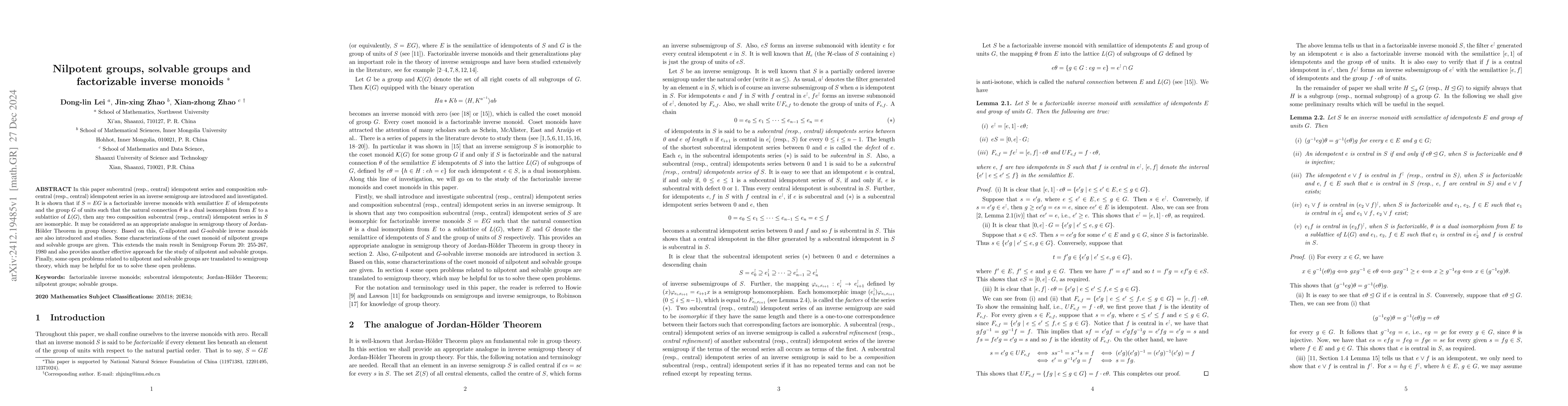 Thumbnail for Nilpotent groups, solvable groups and factorizable inverse monoids
