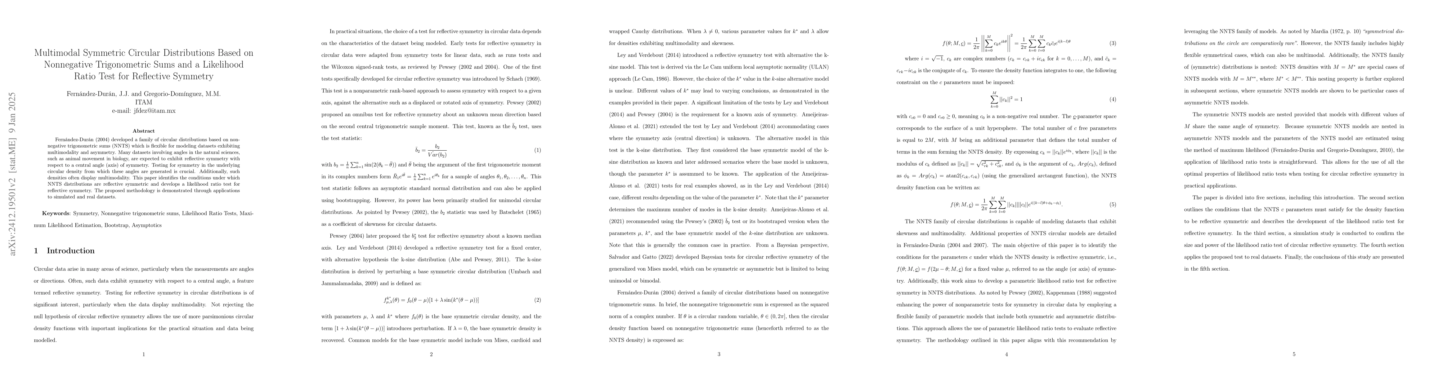 Thumbnail for Multimodal Symmetric Circular Distributions Based on Nonnegative
  Trigonometric Sums and a Likelihood Ratio Test for Reflective Symmetry