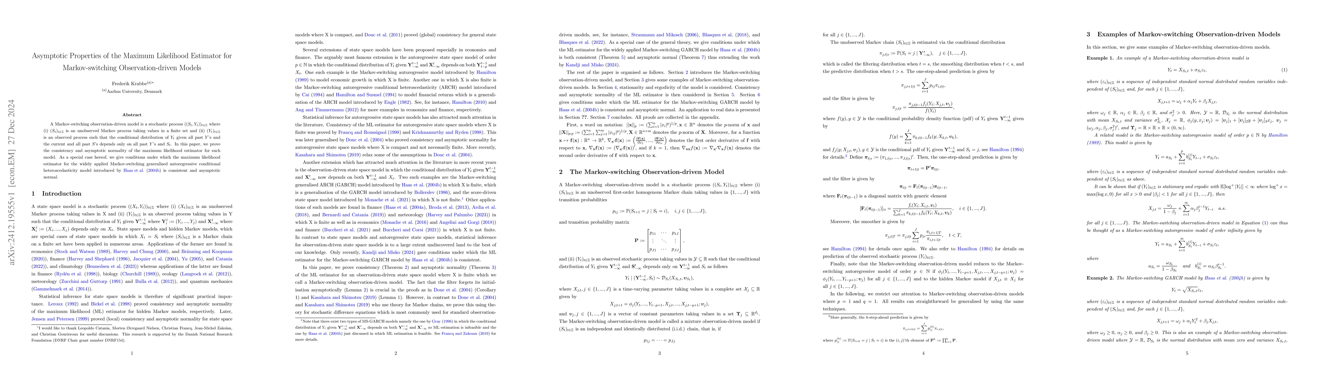 Thumbnail for Asymptotic Properties of the Maximum Likelihood Estimator for
  Markov-switching Observation-driven Models