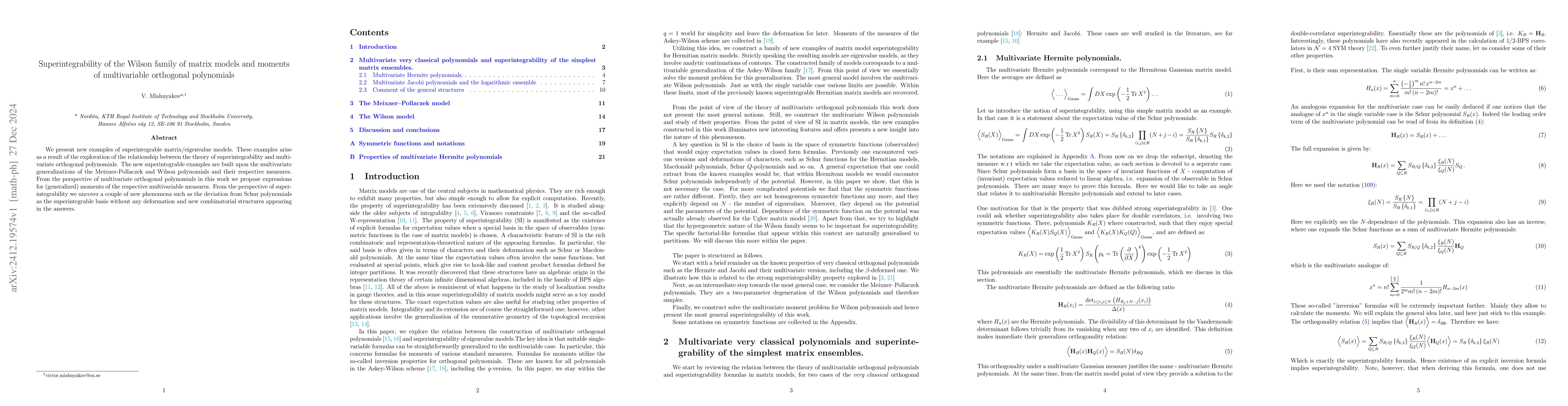 Thumbnail for Superintegrability of the Wilson family of matrix models and moments of
  multivariable orthogonal polynomials