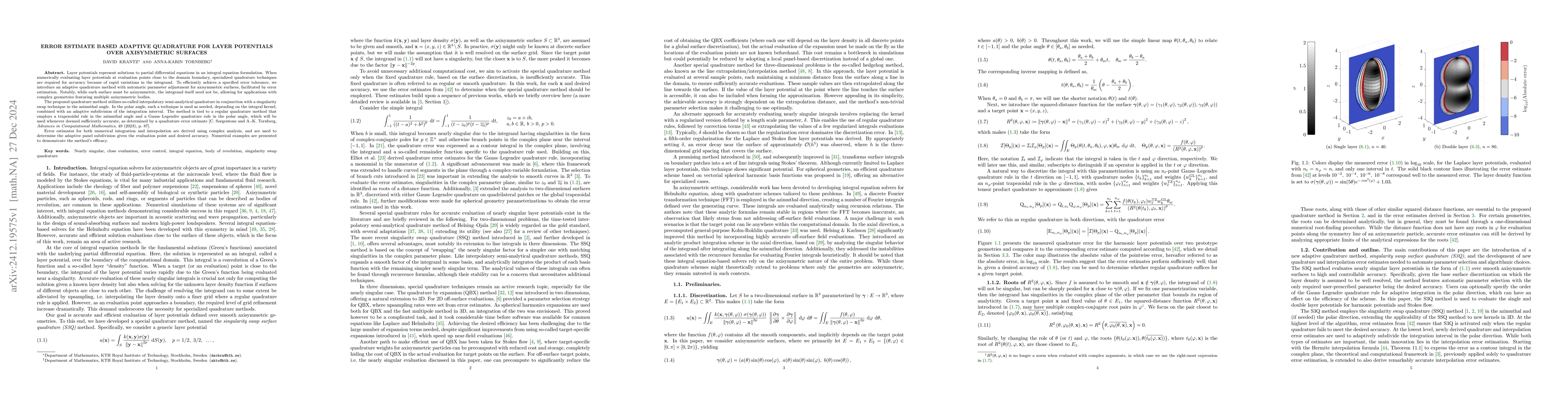 Thumbnail for Error estimate based adaptive quadrature for layer potentials over
  axisymmetric surfaces