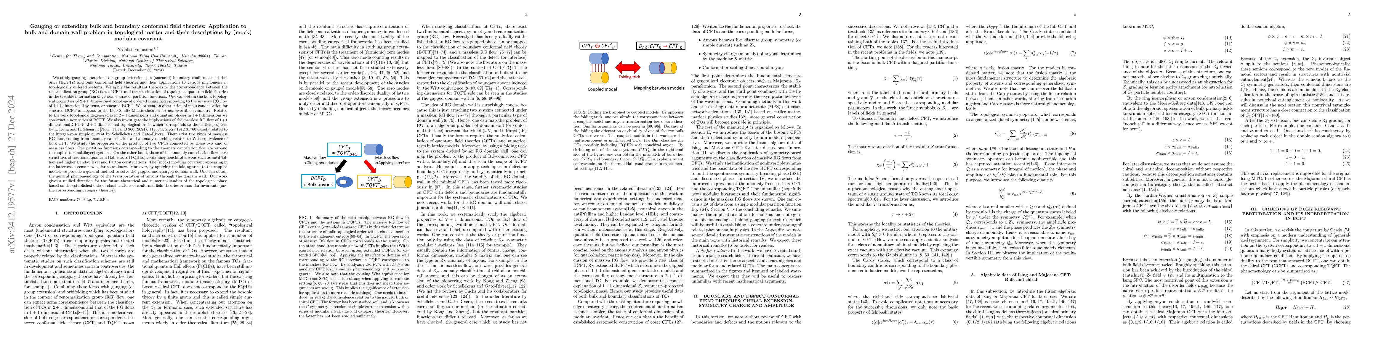 Thumbnail for Gauging or extending bulk and boundary conformal field theories:
  Application to bulk and domain wall problem in topological matter and their
  descriptions by (mock) modular covariant