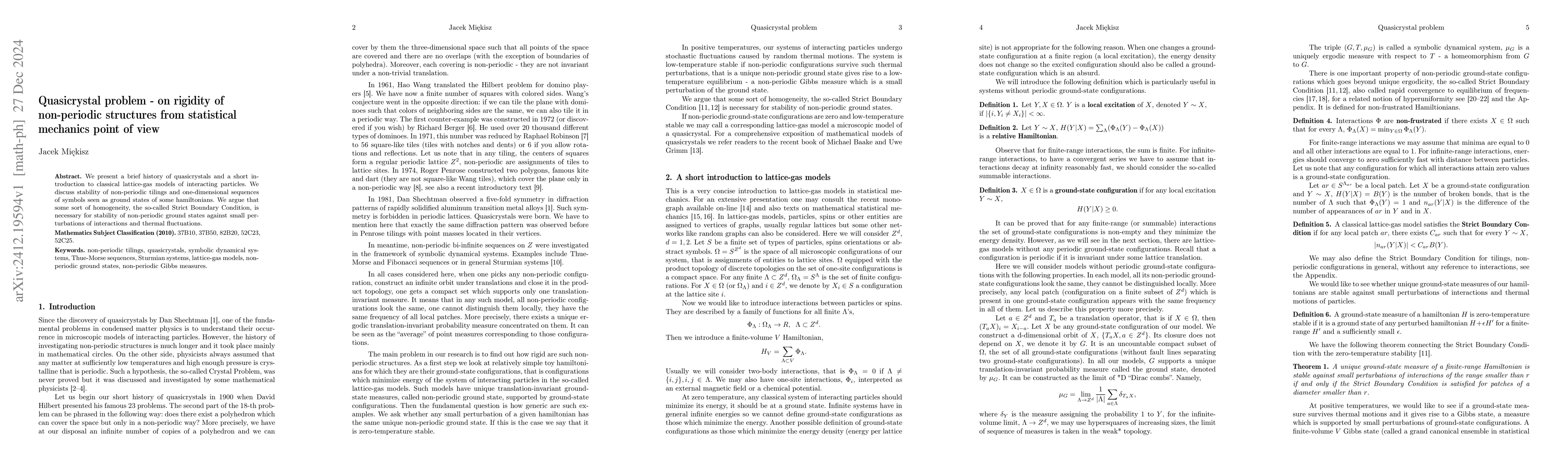 Thumbnail for Quasicrystal problem -- on rigidity of non-periodic structures from
  statistical mechanics point of view